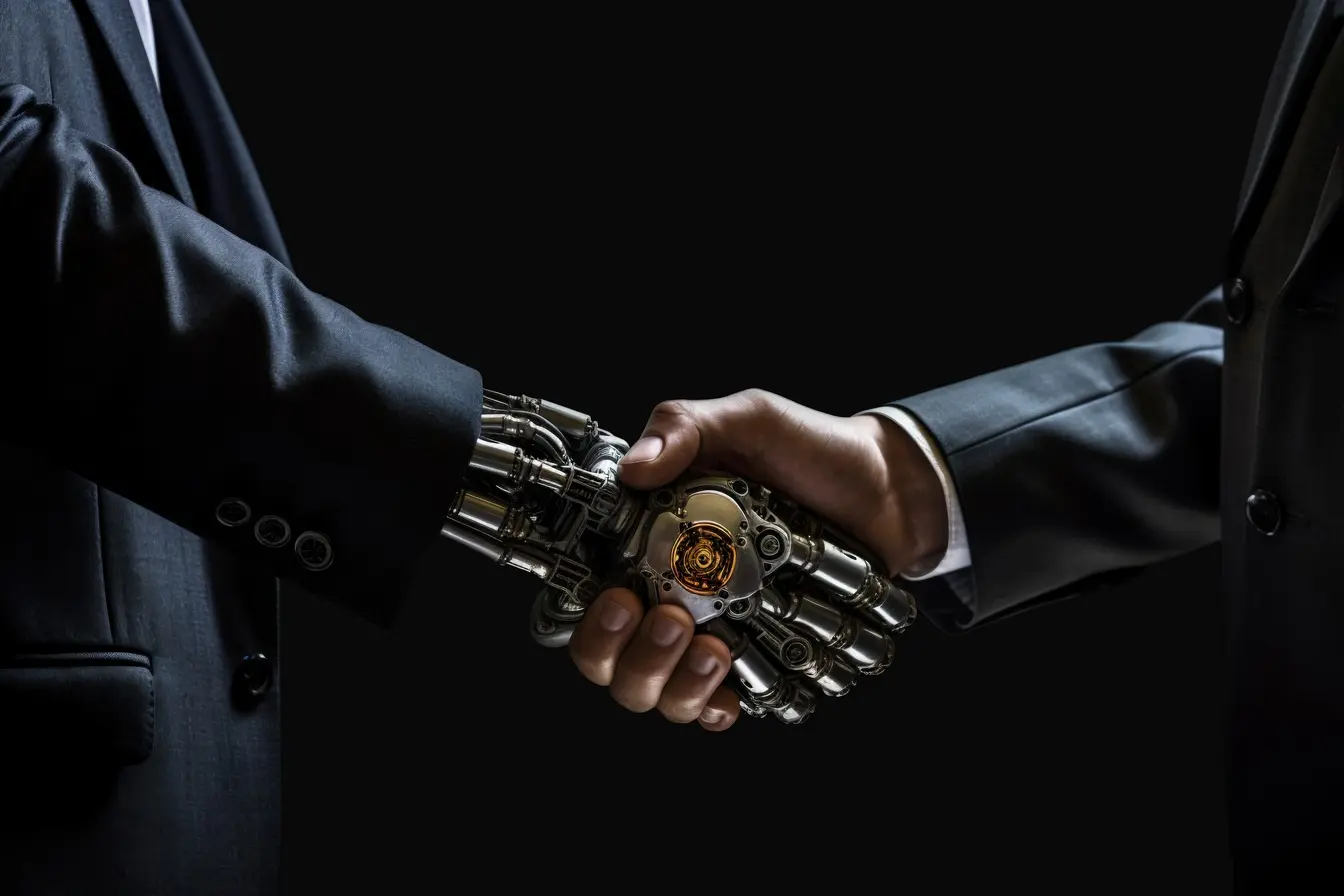 Stretta di mano fra un umano e un robot: la AI Act che regolamenta i rapporti